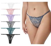 Nabtos Women Floral Lace Thongs G-String Adjustable Low Rise Underwear Bridal Sexy Lace Lingerie Panties Pack 6, Pastel, XS