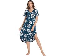 NACHILA Nightgowns for Women-Viscose Made from Bamboo, V Neck Sleepshirts Short Sleeve Sleepwear Cool Nightshirt S-XXL, A-ink Blue-white Flowers, L