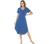 NACHILA Nightgowns for Women-Viscose Made from Bamboo, V Neck Sleepshirts Short Sleeve Sleepwear Cool Nightshirt, A-prussian Blue, L