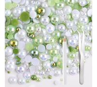 NACHLYNN 60g Mix Pearls and Rhinestones for Crafts Flatback Rhinestones Half Round Mixed Size 3mm-10mm Flatback Pearls for Crafts DIY Nail Art Shoes Clothes Tumblers Mugs (Green White)
