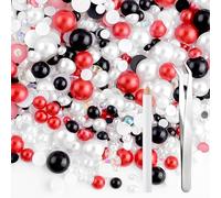 NACHLYNN 60g Mix Pearls and Rhinestones for Crafts Flatback Rhinestones Half Round Mixed Size 3mm-10mm Flatback Pearls for Crafts DIY Nail Art Shoes Clothes Tumblers Mugs (Red Black)