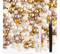 NACHLYNN 60g Mix Pearls and Rhinestones for Crafts Flatback Rhinestones Half Round Mixed Size 3mm-10mm Flatback Pearls for Crafts DIY Nail Art Shoes Clothes Tumblers Mugs (Champagne Gold)