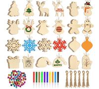 NACHLYNN 60pcs Christmas Wooden Ornaments Unfinished Wooden Slices with Colorful Bells,Watercolor Pen for Christmas Hanging Decoration (Heart)