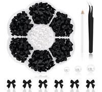 NACHLYNN 630 Pcs Bow Nail Charms - Black Bowknot 3D Cute Nail Charms, Flat Back Pearl White Flatback Pearl Beads for DIY Art Crafts, Resin Rhinestones Jewelry Decoration Accessories