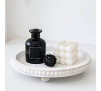 Nacidooka Decorative Tray for Coffee Table, Round Wooden Tray for Decor -White Beaded Distressed Rustic Farmhouse- Table Centerpieces for Dining Room Entryway Kitchen Counter Living Room