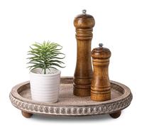 Nacidooka Wooden Coffee Table Tray Decor, Round Decorative Tray Brown Beaded Distressed Rustic Farmhouse Centerpiece for Dining Room Entryway Kitchen Counter Candle Holder Organizer