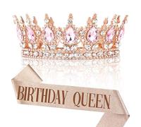 Nackiy Birthday Sash and Crown for Women, Rose Gold Crystal Princess Tiaras Rhinestone Queen Headband Wedding Bridal Hair Accessories, Birthday Party Prom Cake Topper & Bouquet Decoration