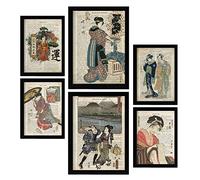 Nacnic Japan Posters. Vintage Paper Style Prints with Encyclopedy Backgrounds. Ukiyo-E Japanese Geishas. Aesthetic Illustrations for Interior Design and Decoration. A4 & A3.