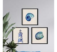 Nacnic Pack of 3 sheets to frame BLUE SEA. Posters with images of the sea. Shell, lighthouse and conch. Home decoration. Sheets for framing.