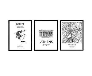 Nacnic Pack of posters and monuments countries. Athens city map, map Greece Acropolis monument. A3 size