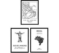 Nacnic Pack of posters and monuments countries. Rio de janeiro city map, map monument Christ the Redeemer and Brazil. A3 size