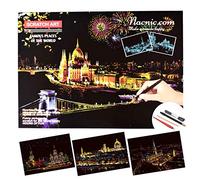 Nacnic Scratch Art Sheets. DIY Arts and Crafts for Adults and Kids. Scratch paper with colourful backgrounds to draw on. Moscow's Red Square, Florence and Hamburg. 40.5x28.5cm, 3-Sheet set.