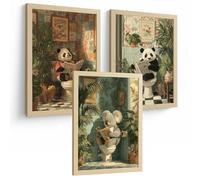 Nacnic Set Of 3 Fun Bathroom Prints, Panda And Koala Animal Prints For Toilet, Funny Poster For Toilet, Sink, Vintage Botanical Style A3 Light Wood Frame