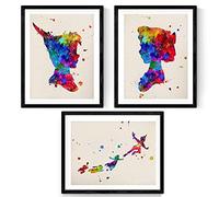 Nacnic Set of 3 watercolor style sheets for framing. Posters with images of Peter Pan, Tinker Bell and her friends. Decorate paper 250 grams Child domitorio, lounge.