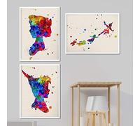 Nacnic Set of 3 watercolor style sheets for framing. Posters with images of Peter Pan, Tinker Bell and her friends. Decorate paper 250 grams Child domitorio, lounge.