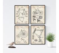 Nacnic set of 4 bicycle vintage patent sheets | old invention of bike parts and biking tools in brown beige background | a4 size | decoration for room, walls, office, business...