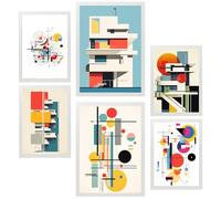 Nacnic Set of 6 Bauhaus Deconstructed architecture Framed prints with design illustration to decorate walls of home. Room, office, shop and business. Painting in A3 and A4 size