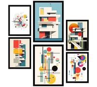 Nacnic Set of 6 Bauhaus Deconstructed architecture Framed prints with design illustration to decorate walls of home. Room, office, shop and business. Painting in A3 and A4 size