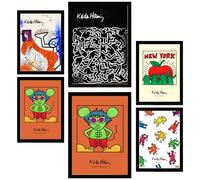 Nacnic Set of 6 Iconic Keith Haring Pop Art Framed prints with design illustration to decorate walls of home Room office A3 & A4 Black Frame