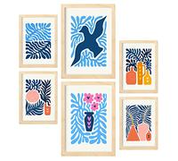 Nacnic Set of 6 Minimalism Posters in Vibrant Colours. Blue Leaves. Prints of Landscapes and Nature for Interior Design and Decoration. Sizes A3 & A4. Wooden Frames.