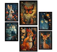 Nacnic Set of 6 posters Nature And Animals. Rabbit, Butterfly, Squirrel, Deer By Rosina Wachtmeister Framed prints with design illustration to decorate walls of home. Room, office. A3 & A4 Black Frame