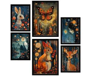 Nacnic Set of 6 posters Nature And Animals. Rabbit, Butterfly, Squirrel, Deer By Rosina Wachtmeister Framed prints with design illustration to decorate walls of home. Room, office. A3 & A4 Black Frame