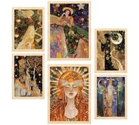 Nacnic Set of 6 Tarot Cards Arcana Cartomancy Framed prints with design illustration to decorate walls of home. Room, office, shop, business. A3 and A4 size Light Wood Frame