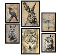 Nacnic Set of 6 Vintage Animals. Bird, Rabbit, Dragonfly, Fox, Wolf, Cat Framed prints with design illustration to decorate walls of home. Room, office, shop, business. A3 and A4 size Black Frame