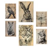 Nacnic Set of 6 Vintage Animals. Bird, Rabbit, Dragonfly, Fox, Wolf, Cat Posters with design illustration to decorate the walls of home. Rooms, office, shop, business. A3 and A4 size. Frameless.