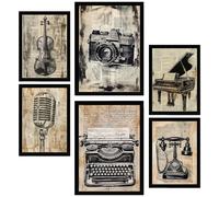 Nacnic Set of 6 Vintage Love. Camera, Micro, Piano, Violin, Telephone Framed prints with design illustration to decorate walls of home. Room, office, shop, business. A3 & A4 size Black Frame
