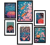 Nacnic Set of 6 Yayoi Kusama Fish Pumking Japanise Framed prints with design illustration to decorate walls of home. Room, office, shop and business. Painting in A3 and A4 size