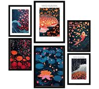 Nacnic Set of 6 Yayoi Kusama Mushroom Wave Dark Colors Japanise Framed prints with design illustration to decorate walls of home. Room, office, shop and business. Painting in A3 and A4 size