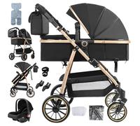 NADDLILY 3 in 1 Pushchair Pram, Baby Stroller 3 in 1 with Reversible Two Pushing Modes, Infant Newborn Buggy One-Click Folding, Toddler Carriage Aluminum Frame (V8 Black Gold)