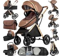 NADDLILY 4 in 1 Pushchair Pram Travel System, Baby Stroller 4 in 1 with Reversible Two Pushing Modes, Infant Newborn Buggy One-Click Folding, Toddler Carriage Aluminum Frame (688 Khaki)