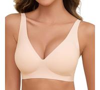 Nadeer Bras Wireless Women's Everyday Bras Zero Feel Bralettes Seamless Deep V Push Up Sleeping T Shirt Bra with Extender Beige