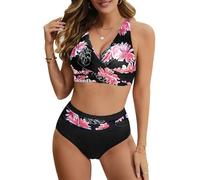 Nadeer Women's Two Piece Swimsuits Cross Wrap Front Bikini High Waisted Bikini Bottom Tummy Control Bathing Suits with Adjustable Straps Vintage Print Swimwear