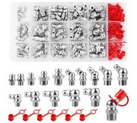 Nadisean 134Pcs Grease Nipples Assorted, M1/8 M1/4 M6 M8 M10 Standard Hydraulic Grease Nipples with Straight 45 °90 °Angles, Grease Fittings Iron-Carbon Steel with Red Caps, Storage Box