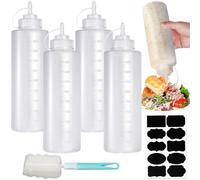 Nadisean 4Pcs Sauce Bottle 1000Ml, Squeeze Bottle 32oz, Reusable Squeezy Bottles with Nozzles, Plastic Squeeze Bottle Nozzle with 1 Cleaning Brush and Stickers for Bbq Sauce Ketchup Oil Food and Paint