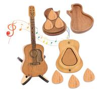 NAESM Wooden Guitar Pick Box with Stand, 6 Pieces Unique Guitar Picks, Musician Engraved Wooden Pick Case, Mini Guitar Shaped Guitar Pick Holder Case