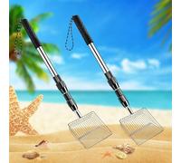 Nafhone Upgraded 2PCS Sand Sifter for Beach 2 Seashell Bags, Beach Shark Tooth, Scooper with Adjustable Stainless Steel Long Handle Tool for Picking Up Sheels, Shark Teeth Dipper (2 Sand Sifter)