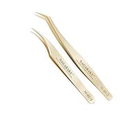 NAGARAKU Eyelash Extension Tweezers Gold Straight Curved 1 Pair Angled Long tip Volume Cluster Light Weight Easy Fanning Tweezers Stainless Steel Precision（N-02-2 & N-03-2）