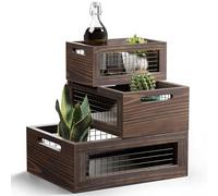 NAGAWOOD Set of 3 Extra Large Wooden Nesting Countertop Baskets, Rustic Wood Storage Organizer for Kitchen, Pantry or Bathroom - Fruit, Vegetables, Bread Crates with Handles