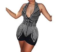 Nagfar Women Rhinestone Sexy Elegant Jumpsuits Birthday Party Evening Club Night Outfits Hot Drilling Romper, K35 Black, M