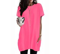 Naggoo Womens Short Sleeve Tunic Tops for Leggings Summer Casual Long Shirt with Pockets Floral Print T-Shirts, Neon Pink, Large