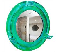 Nagina International 11" Aluminum Porthole Mirror - Green and Blue Finish - Nautical Ship Decor
