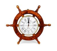 Nagina International 18" Solid Wood Brass Ship Wheel Wall Clock Porthole Nautical Decor Shipwheel 18" Ship Wheel Clock: Boat DecorationWooden Nautical Shipwheel with Clock - Maritime Pirate Decor