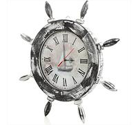 Nagina International 20" Antique Rustic Shabby White Grey Nautical Ship Wheel With Boat Dial Faced Time's Wall Decor Clock - Pirate Nursery Ocean Beach Home Decor Gift