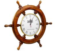 Nagina International Nautical Premium Wood Ship Wheel W/Downton Abbey Time's Clock | Pirate's Gift | Beach Home Decor (12 Inches)