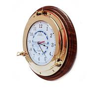Nagina International Nautical Time Tide Clock With Brass Porthole & Wooden Base - Captain Maritime Beach Home Decor Gift (16 Inches)