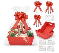 Nagoyuki 4 Set Large Gift Basket Hamper Kit, 25 x 21CM Gifts Baskets with Bows Cellophane Bags Greeting Cards for Wedding Birthday Christmas Valentines Holiday Party Favors (Red)